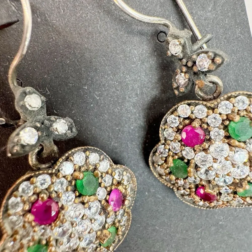 Ruby And Emerald Sterling Silver And Brass Turkish Flower Earrings And Pendant